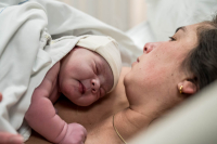 Geboortereportage Den Haag-8 Het moment waarop de baby direct na de geboorte op de borst van de moeder wordt gelegd tijdens een ziekenhuisbevalling.